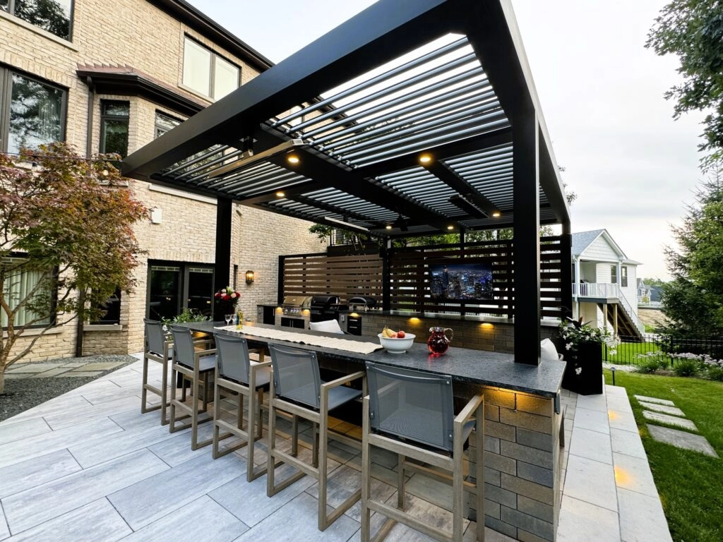 Pergola with beautiful house and have privacy walls